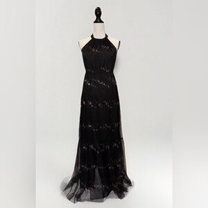 Haute Hippie  Black Halter Open Back & Holographic Glitter Splash Tulle Gown SM